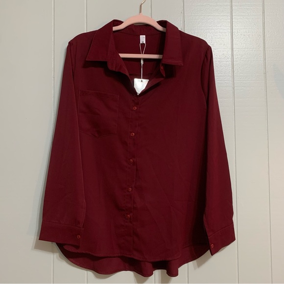 NWT Women’s Whine Red AISEW Button Down Casual V-Neck Longsleeve Collared Blouse - Picture 5 of 8